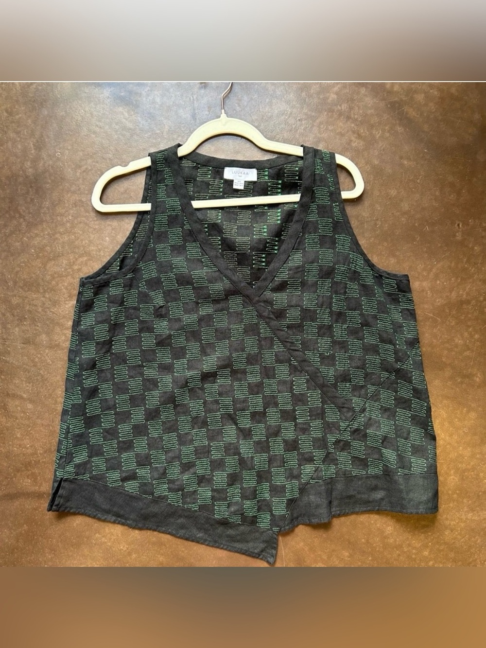 Luukaa- 100% linen asymmetrical blouse-black and green checkered size 10